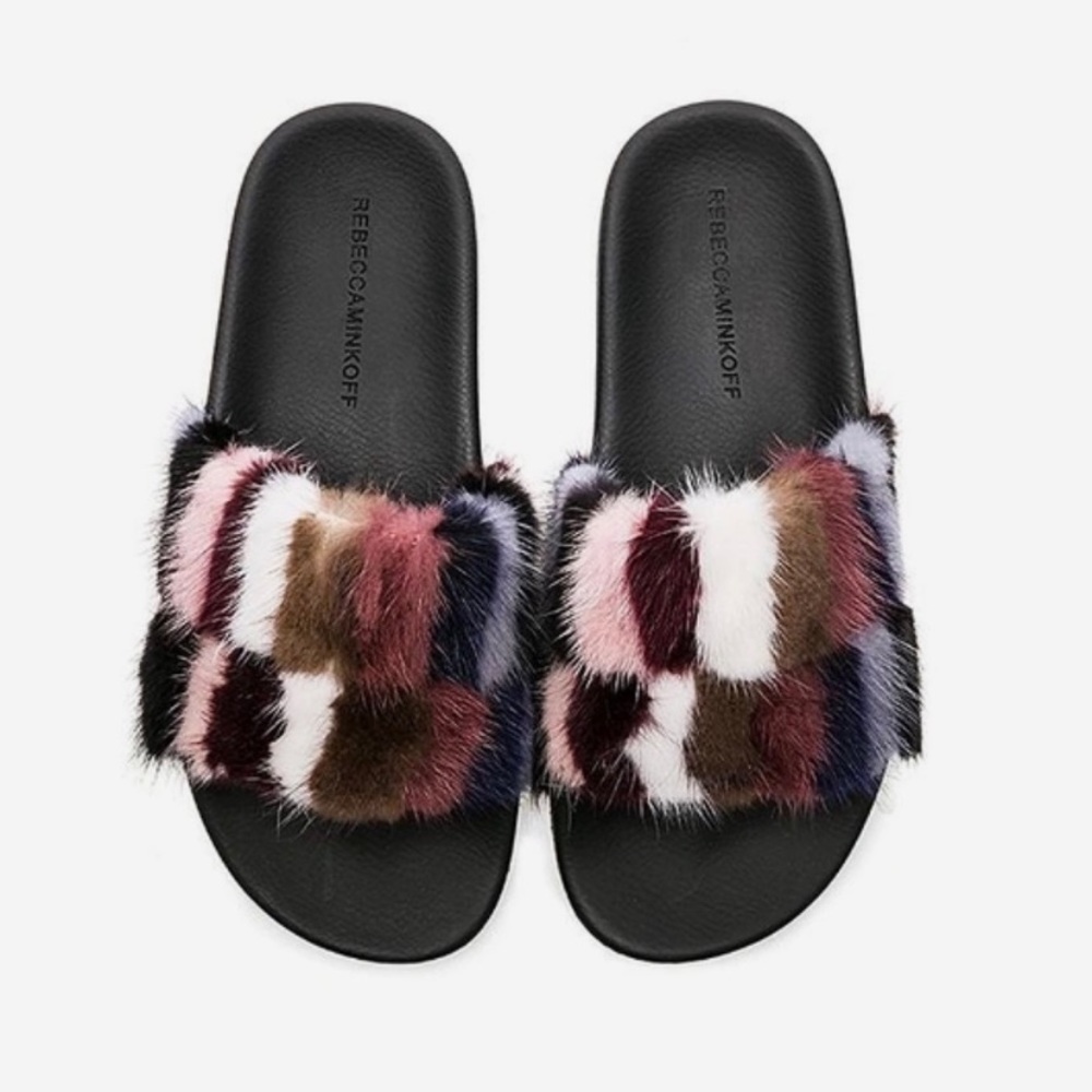 Rebecca Minkoff Sammi Multi Colored Genuine Fur Slides Sandals Size 8
